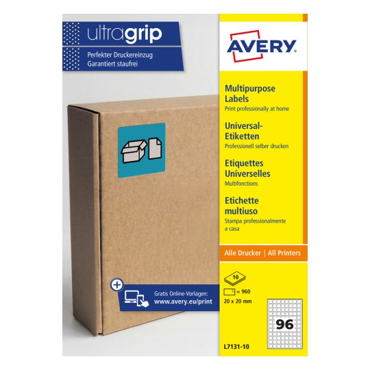 Univerzální balení štítků Avery s obrázkem kartonové krabice a textem produktu?