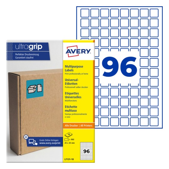 Víceúčelová sada štítků Avery Ultragrip zobrazující 96 modrých čtvercových štítků a obal?