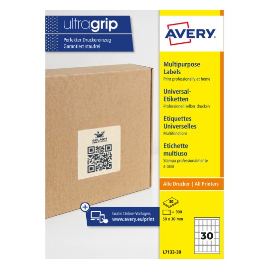 Kartonová krabice se čtvercovým štítkem s QR kódem a bočním pruhem obalu štítků Avery Ultragrip?
