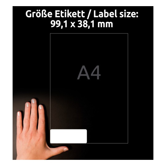 Obrázek zobrazuje ruku umístěnou vedle průhledného štítku označujícího jeho velikost: 99,1 x 38,1 mm, s poznámkou identifikující ho jako A4. Pozadí je tmavé.