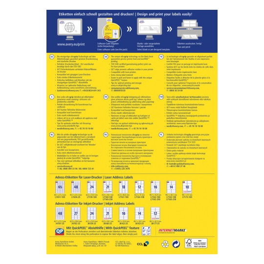 Obrázek obsahuje informace o tiskové technologii etiket Avery, představuje funkce, jazyky a různé specifikace etiket pro laserové a inkoustové tiskárny. Zahrnuje tipy pro návrh a tisk spolu s kontaktními informacemi pro zákaznický servis.