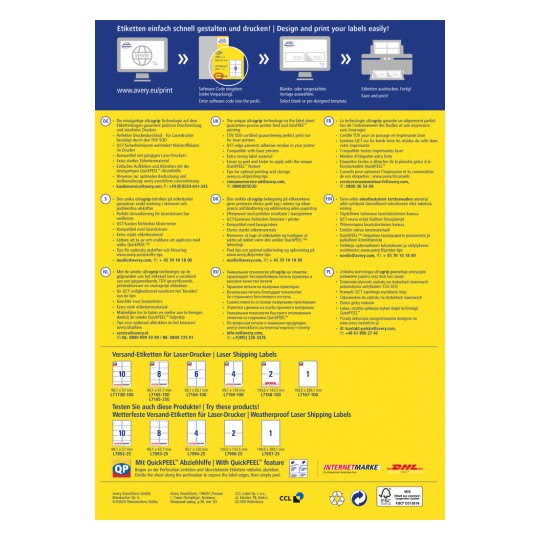 Obrázek je propagační leták pro laserové přepravní etikety Avery. Zdůrazňuje technologii Ultragrit, funkci QuickPEEL a poskytuje pokyny pro použití etiket v několika jazycích. Obsahuje kódy produktů, tipy pro optimální tisk a seznam souvisejících produktů.