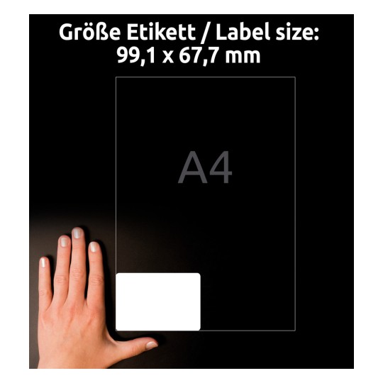 Obrázek zobrazuje ruku umístěnou vedle průhledného průvodce velikostí štítku. Rozměry štítku jsou 99,1 x 67,7 mm a udávají formát velikosti A4.