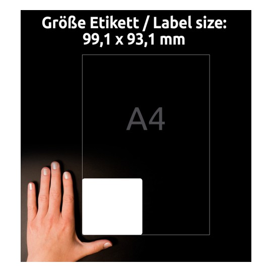 Obrázek zobrazuje ruku držící prázdnou etiketu o rozměrech 99,1 x 93,1 mm na tmavém pozadí. Text uvádí velikost etikety a je zde A4 referenční měřítko.