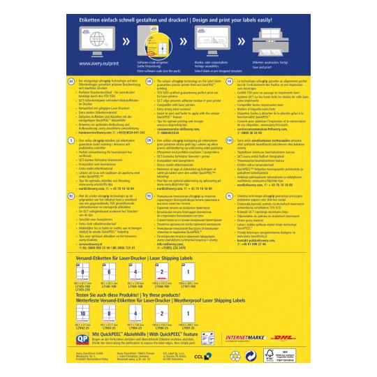 Obrázek je propagační leták nebo návod k použití laserových přepravních štítků Avery. Podrobně popisuje vlastnosti a výhody štítků, technologii tisku a poskytuje kontaktní informace v několika jazycích včetně němčiny, angličtiny, francouzštiny, holandštiny, dánštiny, finštiny, polštiny a ruštiny.