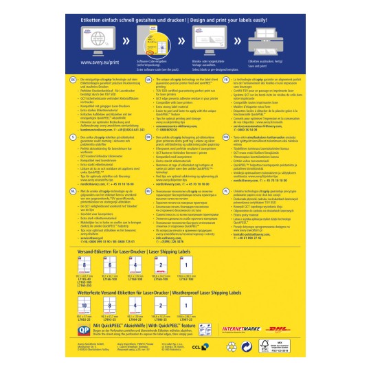 Obraz zobrazuje informace o Averyho technologii tisku etiket, včetně funkcí, výhod a specifikací v několika jazycích. Propaguje funkci QuickPEEL pro snadnou aplikaci etiket a poskytuje kontaktní údaje pro zákaznický servis.