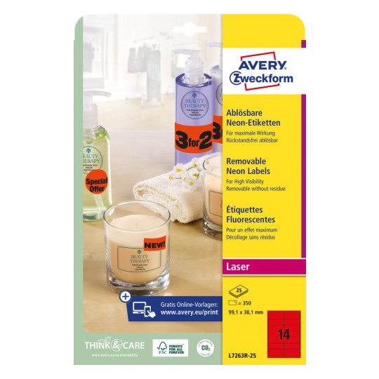 Balíček: Avery Zweckform neonové štítky, Číslo zboží: L7263R-25, Formát: 99,1 x 38,1 mm, Vhodnost pro tisk: Č/B laser, barevný laser, Obsah: 350 štítků / 25 listů, 14 štítků/list.