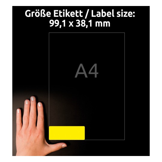 Obrázek ukazuje ruku vedle rozložení štítku s rozměry 99,1 x 38,1 mm, s obrysem papíru formátu A4 v pozadí.