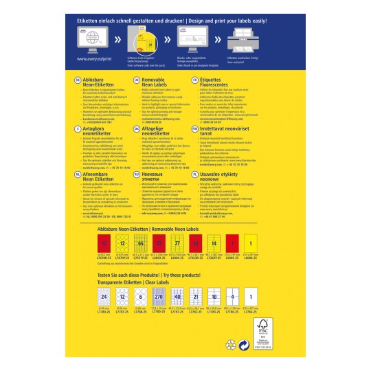 Obrázek zobrazuje sbírku snímatelných neonových štítků spolu s pokyny, jak je snadno navrhnout a vytisknout. Obsahuje různé velikosti štítků, barevné návrhy a podporu vícejazyčnosti.