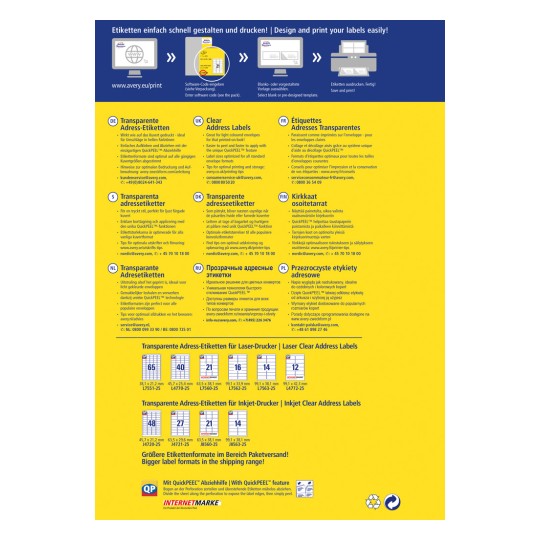 Obrázek je propagačním návrhem, který představuje produkty čirých adresních štítků od Avery. Obsahuje vícejazyčné pokyny k návrhu a tisku a uvádí různé formáty štítků pro různé typy tiskáren. Návrh klade důraz na snadné použití s funkcemi, jako je QuickPEEL.