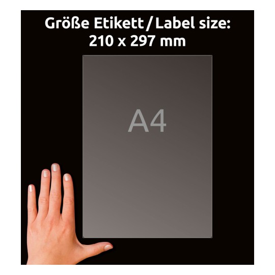 Obrázek ukazuje ruku držící průhledný list s rozměry uvedenými jako velikost A4 (210 x 297 mm) proti černému pozadí.