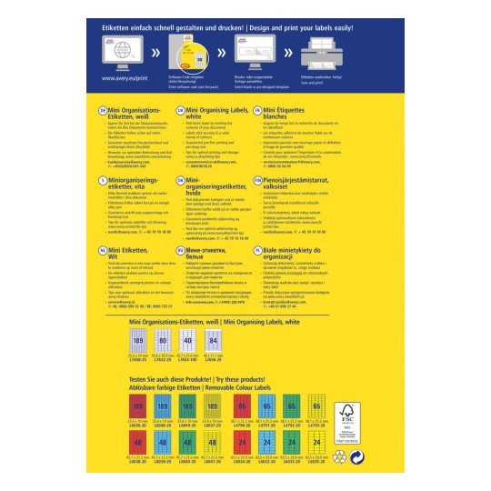 Informační obrázek propagující Avery Mini Organizing Labels. Obsahuje pokyny v několika jazycích, jak rychle navrhnout a vytisknout štítky. Obrázek ukazuje různé velikosti štítků a různé barvy štítků, zdůrazňuje jejich využití pro organizaci dokumentů.