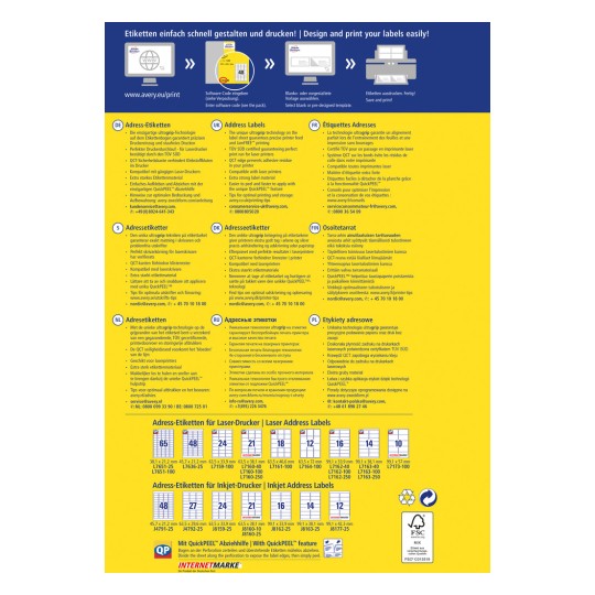 Obrázek obsahuje informace o adresních štítcích, představuje různé typy štítků, funkce a vícejazyčné pokyny pro návrh a tisk. Rovněž zahrnuje diagram demonstrující funkci Easy Peel.
