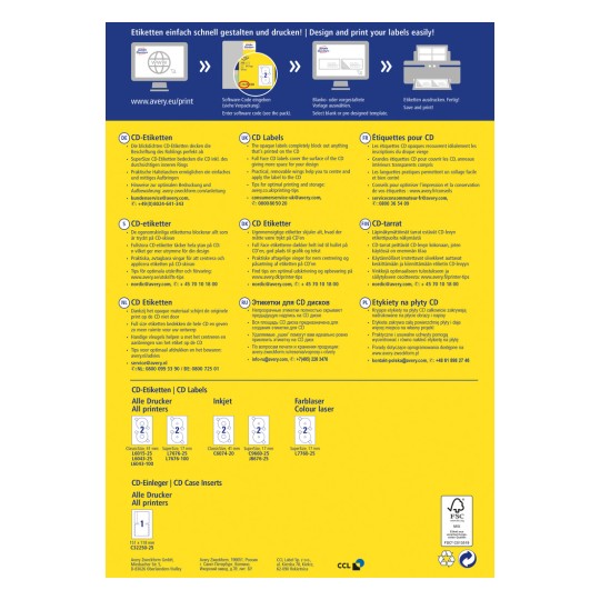 Tento obrázek je brožura nebo informační list o CD štítcích, obsahující text a grafiku v několika jazycích, popisující produkt a pokyny k tisku.