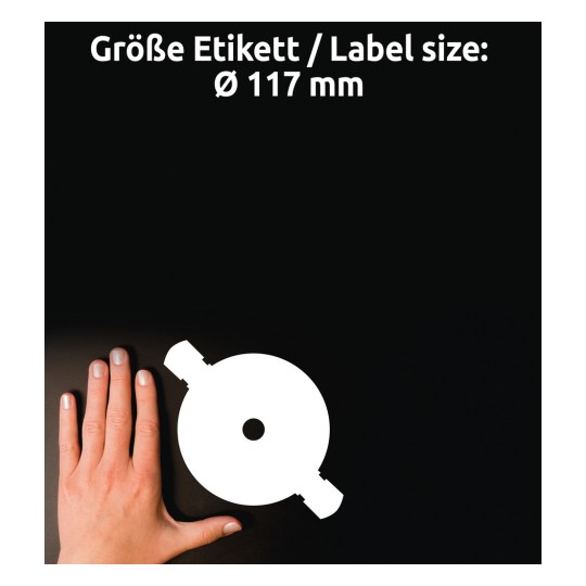 Obrázek zobrazuje ruku vedle kruhového výřezu štítku s textem, který uvádí velikost štítku jako Ø 117 mm v němčině a angličtině.