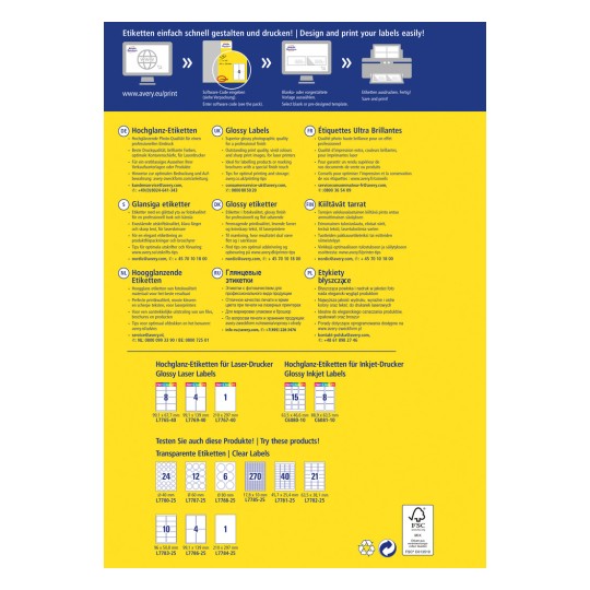 Obrázek je informační leták o Averyho lesklých etiketách pro tisk, obsahující různé velikosti etiket, instrukce a kontaktní údaje v několika jazycích.