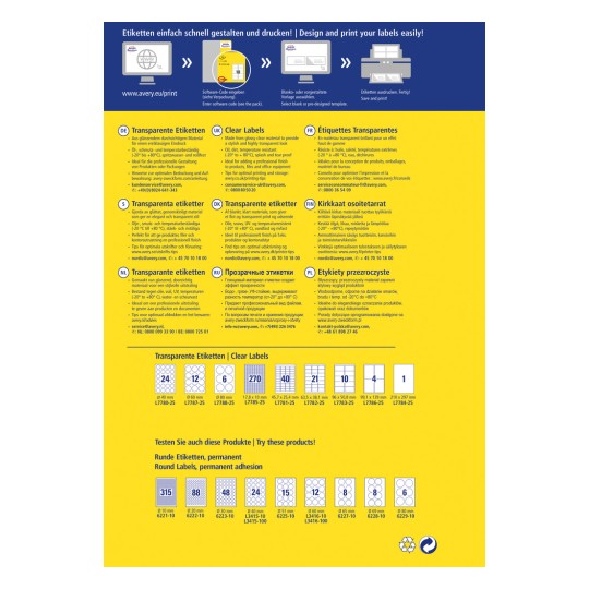 Informační obrázek o průhledných a čirých etiketách od Avery, včetně popisů produktů, specifikací a podrobností o objednání v několika jazycích.