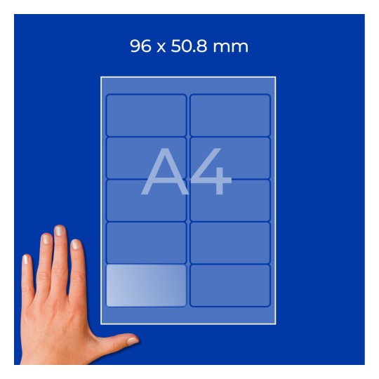 Diagram archu A4 s obdélníkovými štítky o rozměrech 96 × 50,8 mm ve dvou sloupcích a rukou vlevo dole?