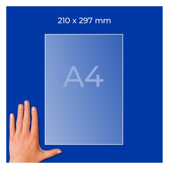 Obrys papíru A4 označený 210 × 297 mm na modrém pozadí s levou rukou pro měřítko?