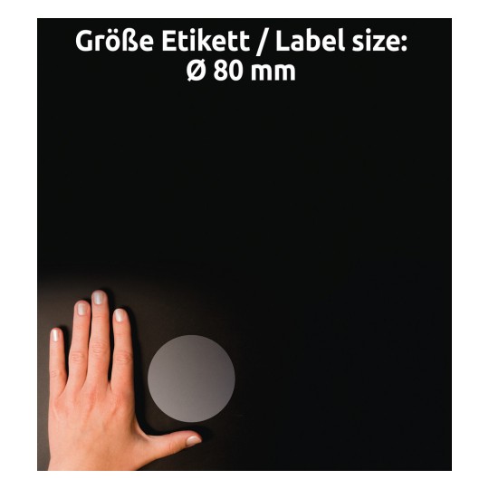 Porovnání velikosti s rukou, článek: L7788-25, jeden list průhledných etiket, formát: ⌀ 80 mm, barva: průhledná?