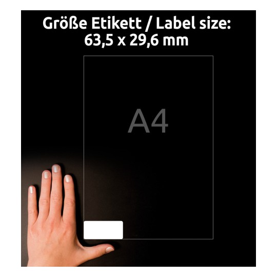 Obrázek ukazuje ruku vedle prázdného štítku o rozměrech 63,5 x 29,6 mm, s textem naznačujícím, že je určen pro formát A4.