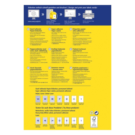 Obrázek obsahuje podrobné informace o různých typech samolepicích papírových štítků od společnosti Avery. Zahrnuje štítky pro různé aplikace, specifikace a tipy pro optimální tisk a skladování. Text je uveden v několika jazycích, s důrazem na trvanlivost a použitelnost.