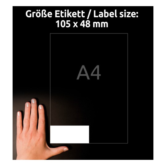 Srovnání velikosti s rukou, Článek: L7875-20, jeden list papírových etiket s vysokou přilnavostí, formát: 105 x 48 mm, barva: bílá?