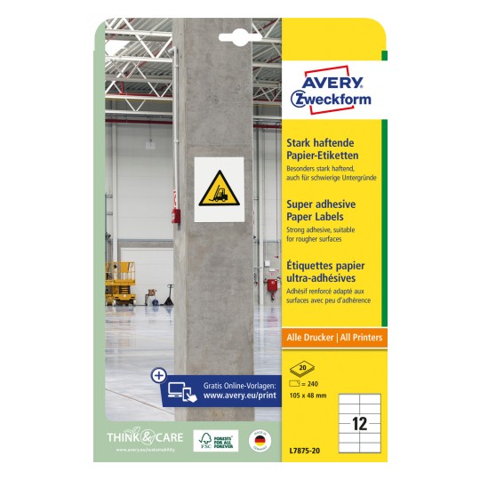 Obrázek balení: Avery Zweckform Silně lepící papírové štítky, Článek: L7875-20, Formát: 105 x 48 mm, Vhodnost pro tiskárnu: Inkjet, Laser čb, Barevný laser, Obsah: 240 štítků / 20 listů, 12 štítků/list?
