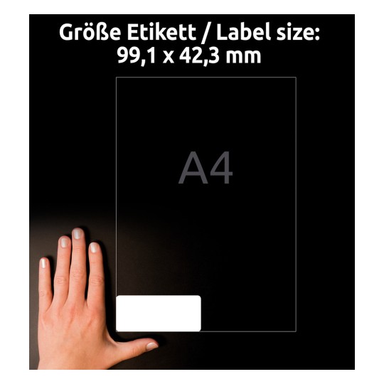 Obrázek zobrazuje ruku vedle štítku s velikostí označující rozměry 99,1 x 42,3 mm, s nápisem 'A4', na tmavém pozadí.