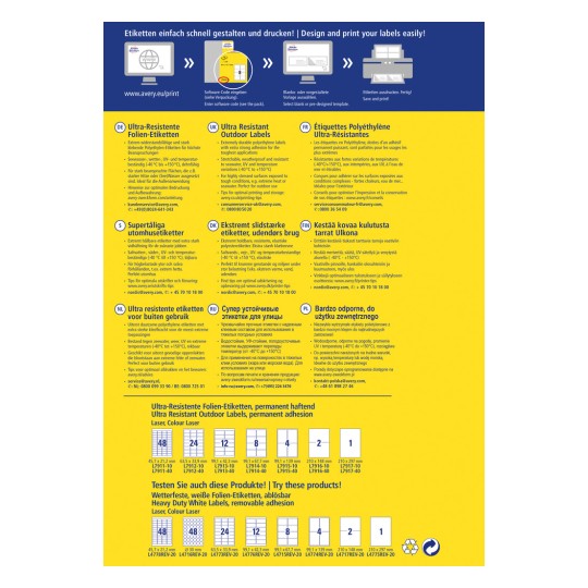 Obrázek zobrazuje informační list produktu pro extrémně odolné štítky, který popisuje jejich vlastnosti, použití a tipy pro tisk v několika jazycích.