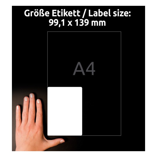 Obrázek zobrazuje štítek o rozměrech 99,1 x 139 mm s referencí velikosti A4 a rukou umístěnou vedle štítku pro měřítko.