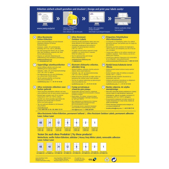 Obrázek zobrazuje informace o ultra-odolných štítcích, včetně jejich vlastností, typů a kontaktních údajů výrobce. Text je uveden v několika jazycích, popisuje použití, odolnost, tepelnou odolnost a schopnost odolávat různým povětrnostním podmínkám. Jsou zahrnuty diagramy štítků a jejich specifikace.