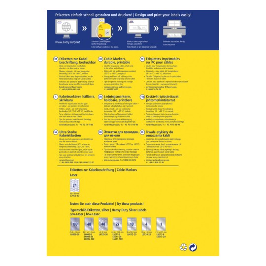 Obrázek obsahuje informace o různých typech označovačů a štítků na kabely. Zahrnuje popisy produktů v několika jazycích, zdůrazňuje jejich odolnost, tepelnou odolnost a tipy na použití pro organizaci kabelů v různých prostředích. Je zde také sekce zobrazující konkrétní velikosti štítků a kódy pro objednání.