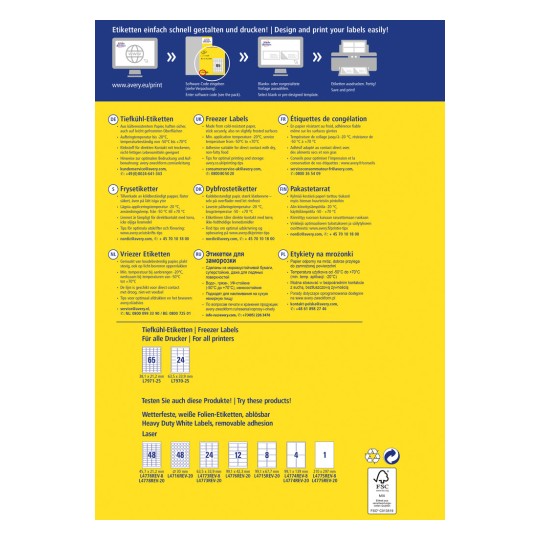 Obrázek je propagační leták pro Averyho mrazničkové štítky, uvádějící vlastnosti, specifikace a jazyky pro různé země. Obsahuje pokyny pro návrh a tisk, kontaktní informace a rozměry produktu.