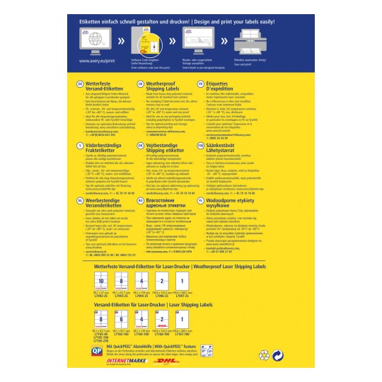 Obrázek obsahuje vícejazyčnou reklamu na voděodolné přepravní štítky vhodné pro laserové tiskárny, která uvádí různé informace o produktu, velikosti a pokyny k použití.