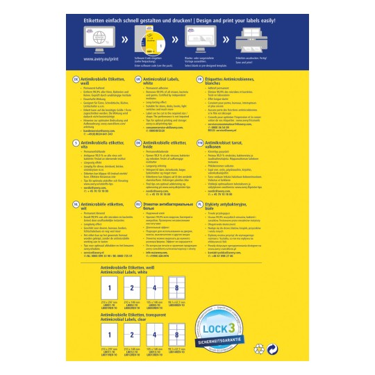 Obrázek zobrazuje vícejazyčnou reklamu na antimikrobiální štítky, zdůrazňuje různé vlastnosti, pokyny a dostupné velikosti pro návrh a tisk. Obsahuje sekce v různých jazycích jako němčina, francouzština, nizozemština a polština, poskytující informace o účinnosti proti virům a bakteriím a tipy na používání.