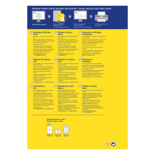 Obrázek je průvodce pro navrhování a tisk etiket, obsahující pokyny, příklady a kontaktní informace v několika jazycích. Zahrnuje okenní samolepky a zadní etikety, zdůrazňuje jejich použití pro různé povrchy a komunikace.
