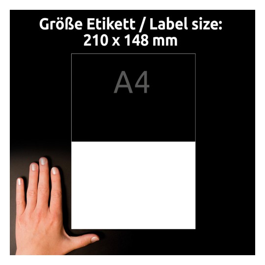 Obrázek obsahuje označení velikosti štítku s rozměry 210 x 148 mm, označené jako A4, vedle ruky pro srovnání velikosti, na tmavém pozadí.