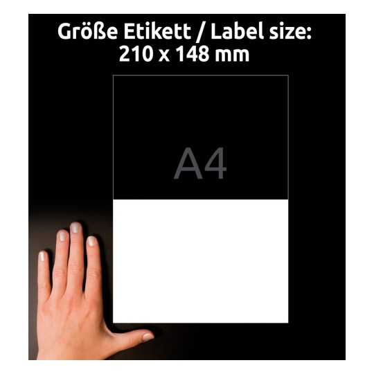 Obrázek zobrazuje ruku umístěnou vedle štítku s rozměry označenými jako 210 x 148 mm a označeného jako A4. Pozadí je černé a štítek je rozdělen na černou horní část a bílou dolní část.