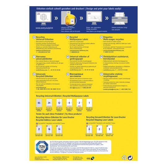 Obrázek zobrazuje leták pro štítky Avery, který obsahuje informace o recyklovaných štítkových produktech ve více jazycích, včetně podrobností o velikostech, použití a pokynech k tisku.