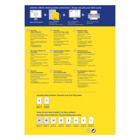 Informační grafika o recyklačních štítcích s pokyny v různých jazycích o návrhu a tisku. Obsahuje obrázky štítků, specifikace a kontakty na zákaznický servis pro různé země.