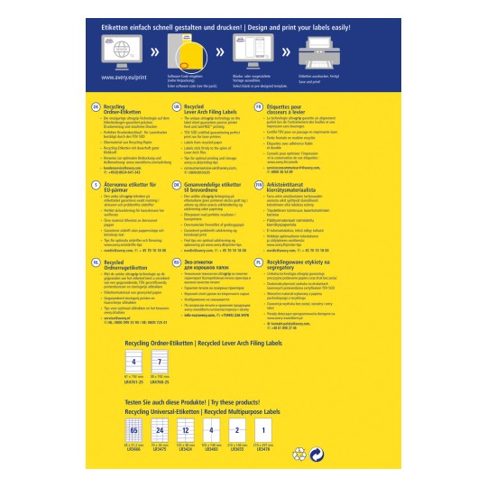 Obrázek je propagační brožurou pro Averyho recyklované páčky pro archivní štítky. Obsahuje popisy štítků, výhody používání recyklovaných materiálů a různé jazyky včetně němčiny, angličtiny, francouzštiny, finštiny, ruštiny a polštiny. Poskytuje také kontaktní informace a pokyny pro navrhování a tisk štítků.