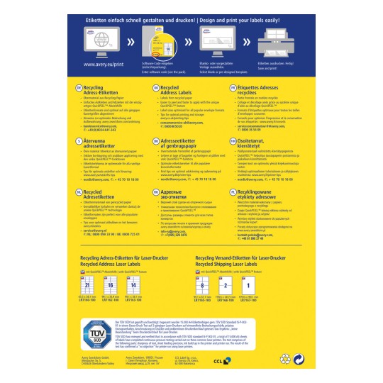 Obrázek je vícejazyčným průvodcem týkajícím se recyklace adresních štítků, včetně pokynů pro použití štítků z recyklovaného papíru s různými funkcemi, jako je QuickPEEL. Poskytuje informace v několika jazycích, jako jsou němčina, angličtina, dánština a francouzština, spolu se specifikacemi produktu.