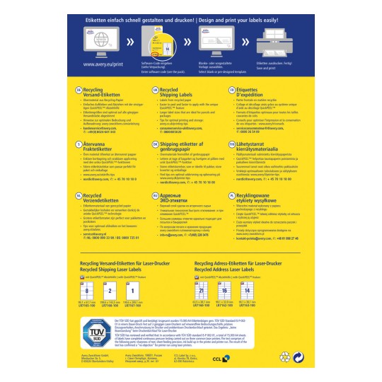 Obrázek zobrazuje vícejazyčného průvodce pro Avery recyklované etikety, poskytuje kroky pro navrhování, tisk a tipy pro optimální použití, včetně různých formátů etiket a informací v různých jazycích.
