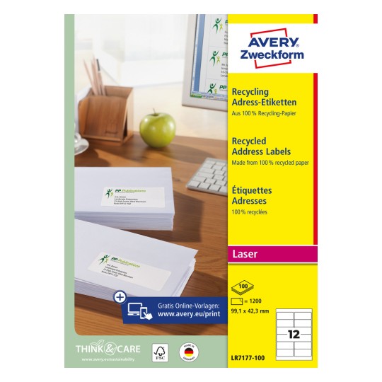 Obrázek balení: Avery Zweckform recyklované přepravní štítky, Článek: LR7177-100, Formát: 99,1 x 42,3 mm, Vhodnost pro tiskárny: laser čb, barevný laser, Obsah: 1 200 štítků / 100 listů, 12 štítků/list.
