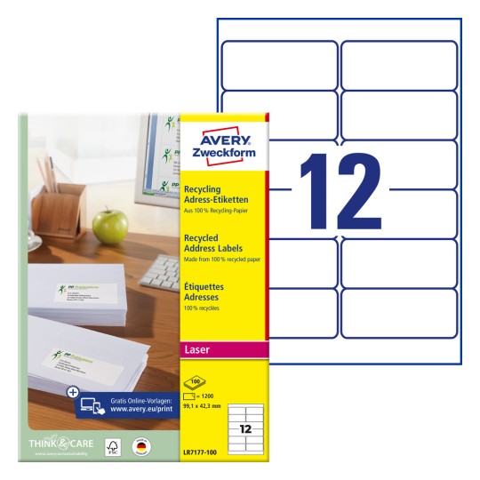 Obrázek balení s etiketami: Avery Zweckform recyklované adresní etikety, Článek: LR7177-100, Formát: 99,1 x 42,3 mm, Vhodnost pro tiskárny: Laser čb, Barevný laser, Obsah: 1 200 etiket / 100 listů, 12 etiket/list?