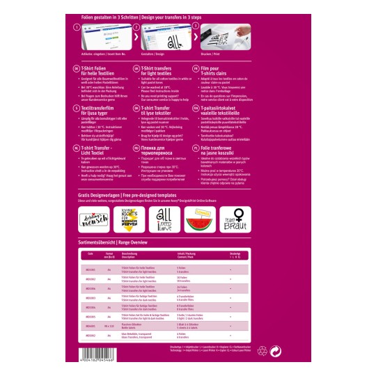 Informační list produktu s podrobnými materiály a pokyny k přenosu na trička v několika jazycích. Obsahuje sekce pro přenos obrázků na světlé a tmavé textilie, včetně specifických kódů produktů, popisů a informací o balení.