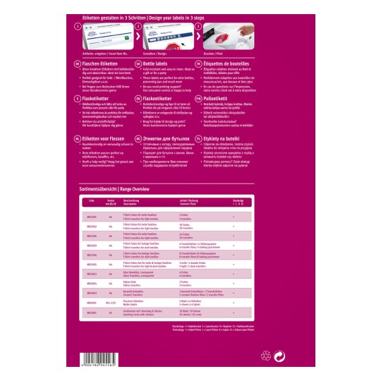 Obrázek představuje možnosti návrhu a tisku etiket, včetně různých typů etiket na lahve a textilie, s instrukcemi v několika jazycích. Uvádí produktové kódy, formáty, popisy, obsah a detaily balení. Rozvržení je barevné a organizované tak, aby poskytovalo jasný přehled o dostupných produktech.
