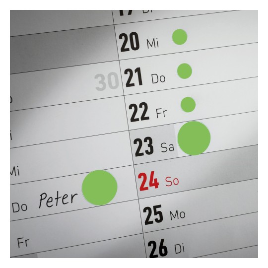 Obrázek zobrazuje kalendář s vyznačenými daty. Pozoruhodně, jméno 'Petr' je napsáno pro datum 24, které je označeno červeně.