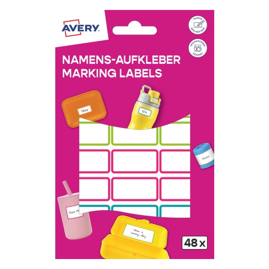 Obrázek balení: Avery, Článek: NAME48C, Formát: 15 x 32 mm, Obsah: 48 štítků / 2 listy, 24 štítků/role?
